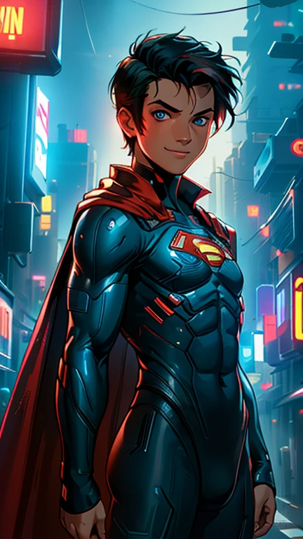 (8K),(obra maestra),(Americano),(chico de 17 años),((mirada inocente)),((Infantil)),desde el frente,sonrisa,lindo,Inocente,ojos amables,pecho plano, Superman wearing cyberpunk bodysuit,capa roja,corto,Cabello ondeando al viento,pelo negro,viento fuerte,medianoche,dark, Luz de neón estilo cyberpunk Gotham City 