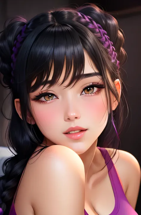 Sexy and cute girl, black hair tied in a braid, seductive gaze, blushing intensely, pink lips parted, long neck, oversized purpl...