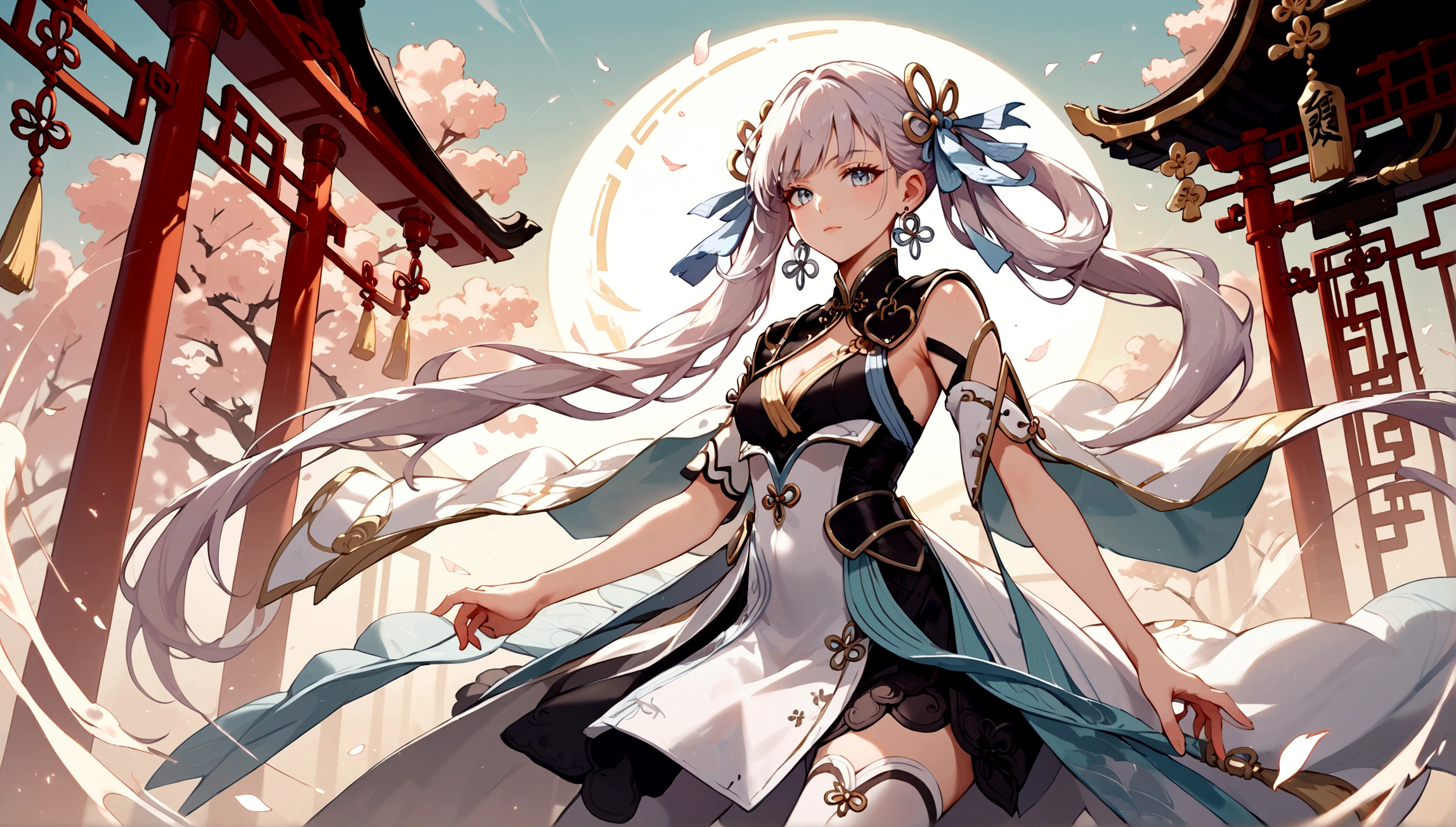 score_9, score_8_up, score_7_up, score_6_up, masterpiece, top quality, best quality, official art, beautiful and aesthetic, close up shot, centered, JinshiWW, long hair, twintails, hair rings, hair ornament, earrings, chinese clothes, two-tone dress, black dress, white dress, cleavage cutout, armlet, white thighhighs, dynamic pose, chinese temple background, Expressiveh