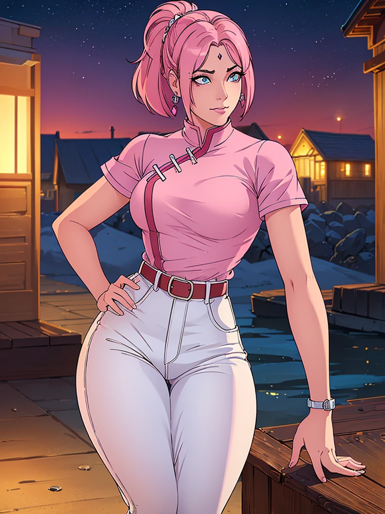 Just one girl,Best quality, 4k, high resolution, body stuck dress, perfect smile, gorgeous, light skin, ahegao face(hentai face) ,pink hair,b(Sakura hair style),wearing A short pink blouse with  obi belt and
wears tight white jean pant, 1 girl, solo, seductive look, elegance and charm, (masterpiece, best quality, high resolution), looking at the viewer, standing, (intricate and beautiful:1.2), (detailed light:1.2), (soft light, side light), (high resolution textures) , holding chain collar, outdoor, Burmese girl, wearing gorgeous jewelary, wearing harness over the outfit ,outdoor background, sun light, attractive, sexy, mature and hot, young,(masterpiece:1.3), (disorganized:1.3), (highest quality:1.3), perfect anatomy, detailed face, front view, perfect right hands, looking at viewer, (Super detailed:1.3), (best shadow:0.7), (treated hair), fine eyes, beautiful eyes, young aged woman, alone, standing, crystal earrings,closed_mouth, , outdoors,Thick thighs, arrogant face, small 