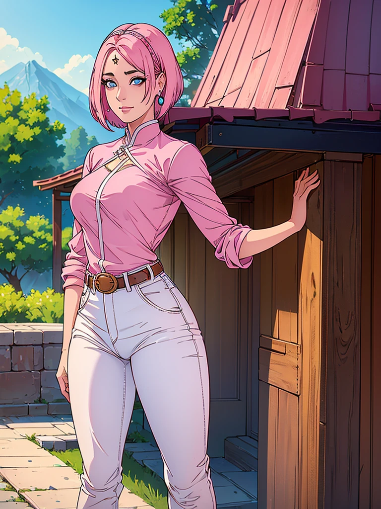 Just one girl,Best quality, 4k, high resolution, body stuck dress, perfect smile, gorgeous, light skin, ahegao face(hentai face) ,pink hair,b(Sakura hair style),wearing A short pink blouse with  obi belt and
wears tight white jean pant, 1 girl, solo, seductive look, elegance and charm, (masterpiece, best quality, high resolution), looking at the viewer, standing, (intricate and beautiful:1.2), (detailed light:1.2), (soft light, side light), (high resolution textures) , holding chain collar, outdoor, Burmese girl, wearing gorgeous jewelary, wearing harness over the outfit ,outdoor background, sun light, attractive, sexy, mature and hot, young,(masterpiece:1.3), (disorganized:1.3), (highest quality:1.3), perfect anatomy, detailed face, front view, perfect right hands, looking at viewer, (Super detailed:1.3), (best shadow:0.7), (treated hair), fine eyes, beautiful eyes, young aged woman, alone, standing, crystal earrings,closed_mouth, , outdoors,Thick thighs, arrogant face, small 