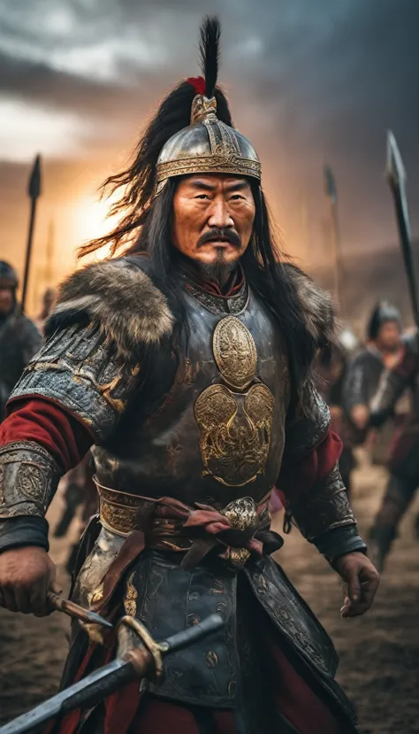 Genghis Khan’s warriors charging into battle with unmatched ferocity, background dark gold sun, hyper realistic, ultra detailed ...