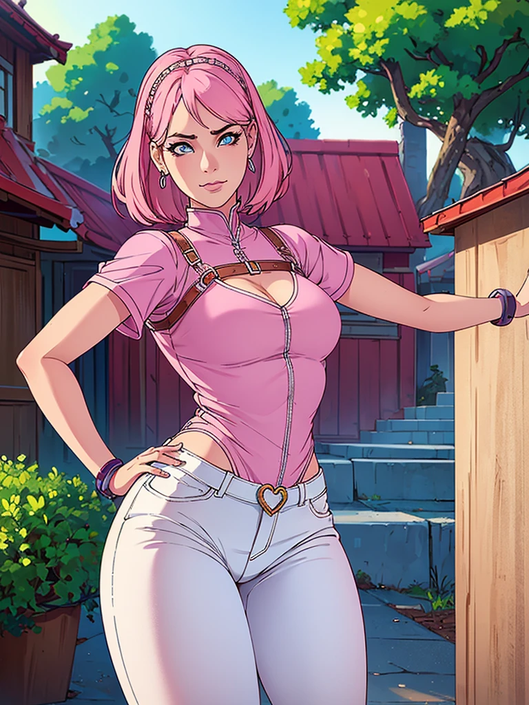 Just one girl,Best quality, 4k, high resolution, body stuck dress, perfect smile, gorgeous, light skin, ahegao face(hentai face) ,pink hair,b(Sakura hair style),wearing A short red blouse and
wears tight white jean pant, 1 girl, solo, seductive look, elegance and charm, (masterpiece, best quality, high resolution), looking at the viewer, standing, (intricate and beautiful:1.2), (detailed light:1.2), (soft light, side light), (high resolution textures) , holding chain collar, outdoor, Burmese girl, wearing gorgeous jewelary, wearing harness over the outfit ,outdoor background, sun light, attractive, sexy, mature and hot, young,(masterpiece:1.3), (disorganized:1.3), (highest quality:1.3), perfect anatomy, detailed face, front view, perfect right hands, looking at viewer, (Super detailed:1.3), (best shadow:0.7), (treated hair), fine eyes, beautiful eyes, young aged woman, alone, standing, crystal earrings,closed_mouth, , outdoors,Thick thighs, arrogant face, small 