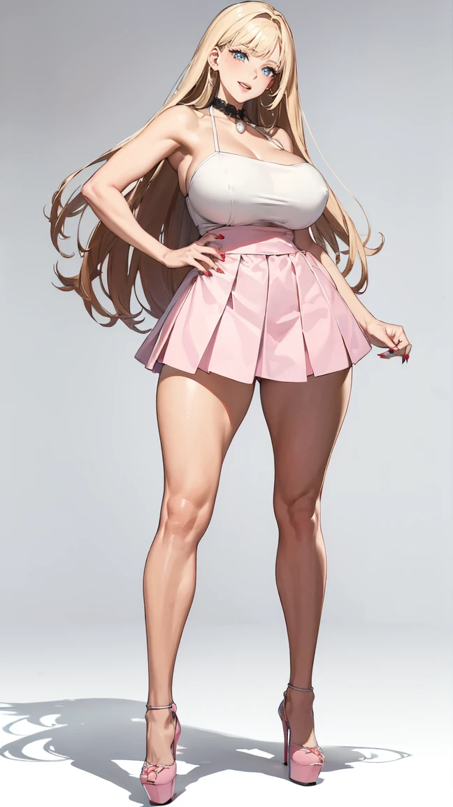 ((masterpiece, high resolution, better quality, better details)), ((Marin Kitagawa)), ((Smiling)), ((one girl)) a girl modeling standing, mini skirt, blouse, ((big neckline)), ((platform high heels)), pink eyes with black outline, (light blonde hair, straight hair, straight bangs, long hair)), long nails, pink nails, (((curvy body))), shiny skin, ((side view)), solo, bare shoulders, full body, focus full body, high heels, ((White background)),