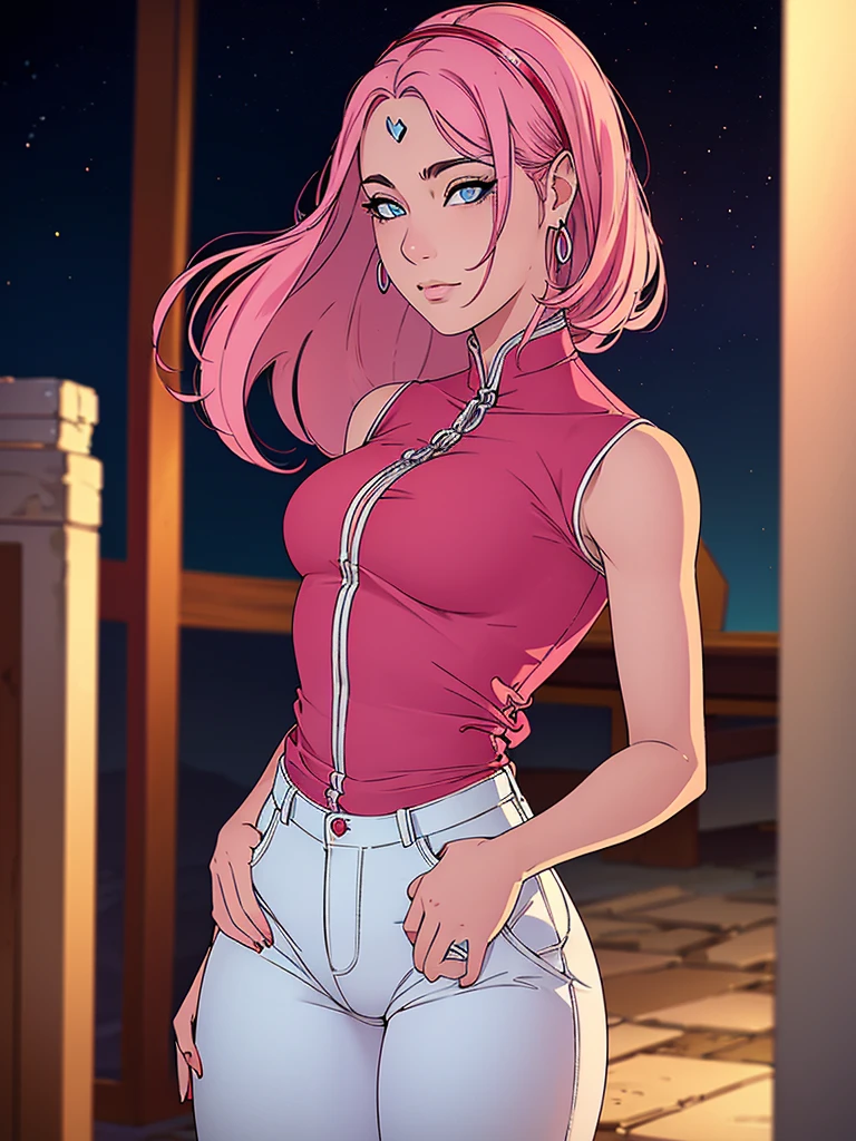 Just one girl,Best quality, 4k, high resolution, body stuck dress, perfect smile, gorgeous, light skin, ahegao face(hentai face) ,pink hair,(Sakura hair style),wearing A short red blouse(top is dark red colour) and
wears tight white jean pant, 1 girl, solo, seductive look, elegance and charm, (masterpiece, best quality, high resolution), looking at the viewer, standing, (intricate and beautiful:1.2), (detailed light:1.2), (soft light, side light), (high resolution textures) , holding chain collar, outdoor, Burmese girl, wearing gorgeous jewelary, wearing harness over the outfit ,outdoor background, sun light, attractive, sexy, mature and hot, young,(masterpiece:1.3), (disorganized:1.3), (highest quality:1.3), perfect anatomy, detailed face, front view, perfect right hands, looking at viewer, (Super detailed:1.3), (best shadow:0.7), (treated hair), fine eyes, beautiful eyes, young aged woman, alone, standing, crystal earrings,closed_mouth, , outdoors,Thick thighs, arrogant face, small 