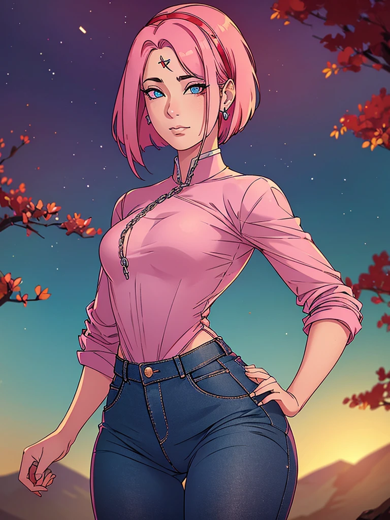 Just one girl,Best quality, 4k, high resolution, body stuck dress, perfect smile, gorgeous, light skin, ahegao face(hentai face) ,pink hair,(Sakura hair style),wearing A short red blouse(top is dark red colour) and
wears tight white jean pant, 1 girl, solo, seductive look, elegance and charm, (masterpiece, best quality, high resolution), looking at the viewer, standing, (intricate and beautiful:1.2), (detailed light:1.2), (soft light, side light), (high resolution textures) , holding chain collar, outdoor, Burmese girl, wearing gorgeous jewelary, wearing harness over the outfit ,outdoor background, sun light, attractive, sexy, mature and hot, young,(masterpiece:1.3), (disorganized:1.3), (highest quality:1.3), perfect anatomy, detailed face, front view, perfect right hands, looking at viewer, (Super detailed:1.3), (best shadow:0.7), (treated hair), fine eyes, beautiful eyes, young aged woman, alone, standing, crystal earrings,closed_mouth, , outdoors,Thick thighs, arrogant face, small 