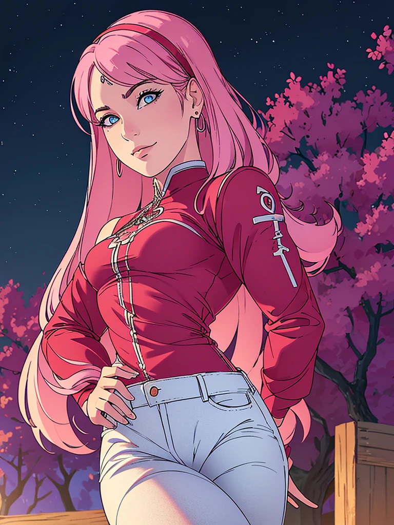 Just one girl,Best quality, 4k, high resolution, body stuck dress, perfect smile, gorgeous, light skin, ahegao face(hentai face) ,pink hair,(Sakura hair style),wearing A short red blouse(top is dark red colour) and
wears tight white jean pant, 1 girl, solo, seductive look, elegance and charm, (masterpiece, best quality, high resolution), looking at the viewer, standing, (intricate and beautiful:1.2), (detailed light:1.2), (soft light, side light), (high resolution textures) , holding chain collar, outdoor, Burmese girl, wearing gorgeous jewelary, wearing harness over the outfit ,outdoor background, sun light, attractive, sexy, mature and hot, young,(masterpiece:1.3), (disorganized:1.3), (highest quality:1.3), perfect anatomy, detailed face, front view, perfect right hands, looking at viewer, (Super detailed:1.3), (best shadow:0.7), (treated hair), fine eyes, beautiful eyes, young aged woman, alone, standing, crystal earrings,closed_mouth, , outdoors,Thick thighs, arrogant face, small 