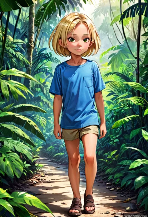 a handsome cute 8 years old boy, blonde bob haircut, colonization outfit age, at the jungle
