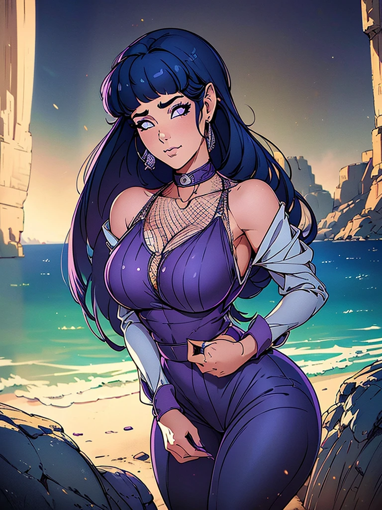 Just one girl,Best quality, 4k, high resolution, body stuck dress, perfect smile, gorgeous, light skin, ahegao face(hentai face) ,dark blue hair,(hinata hyuga hair style),wearing A short soft purple blouse(top is soft purple colour) and
wears tight dark violet pants with fishnets, 1 girl, solo, seductive look, elegance and charm, (masterpiece, best quality, high resolution), looking at the viewer, standing, (intricate and beautiful:1.2), (detailed light:1.2), (soft light, side light), (high resolution textures) , holding chain collar, outdoor, Burmese girl, wearing gorgeous jewelary, wearing harness over the outfit ,outdoor background, sun light, attractive, sexy, mature and hot, young,(masterpiece:1.3), (disorganized:1.3), (highest quality:1.3), perfect anatomy, detailed face, front view, perfect right hands, looking at viewer, (Super detailed:1.3), (best shadow:0.7), (treated hair), fine eyes, beautiful eyes, young aged woman, alone, standing, crystal earrings,closed_mouth, , outdoors,Thick thighs, arrogant face, small 