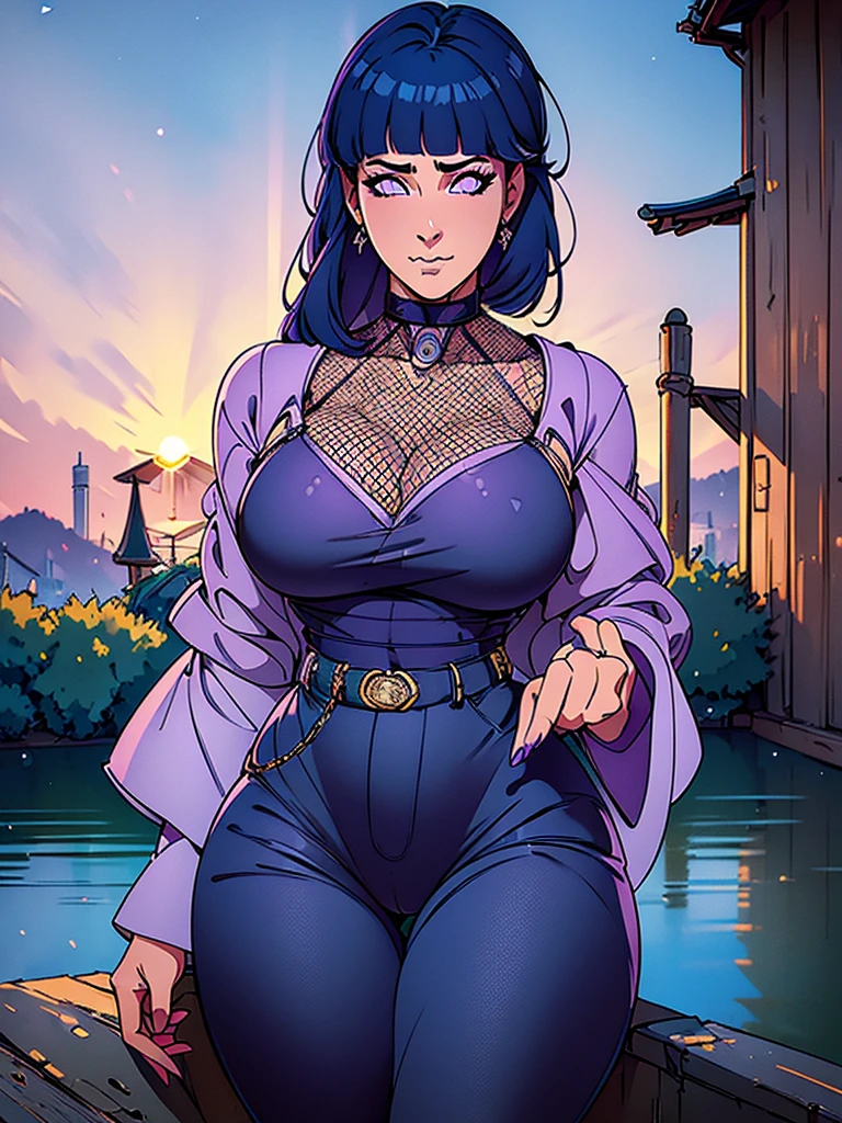 Just one girl,Best quality, 4k, high resolution, body stuck dress, perfect smile, gorgeous, light skin, ahegao face(hentai face) ,dark blue hair,(hinata hyuga hair style),wearing A short soft purple blouse(top is soft purple colour) and
wears tight dark violet pants with fishnets, 1 girl, solo, seductive look, elegance and charm, (masterpiece, best quality, high resolution), looking at the viewer, standing, (intricate and beautiful:1.2), (detailed light:1.2), (soft light, side light), (high resolution textures) , holding chain collar, outdoor, Burmese girl, wearing gorgeous jewelary, wearing harness over the outfit ,outdoor background, sun light, attractive, sexy, mature and hot, young,(masterpiece:1.3), (disorganized:1.3), (highest quality:1.3), perfect anatomy, detailed face, front view, perfect right hands, looking at viewer, (Super detailed:1.3), (best shadow:0.7), (treated hair), fine eyes, beautiful eyes, young aged woman, alone, standing, crystal earrings,closed_mouth, , outdoors,Thick thighs, arrogant face, small 