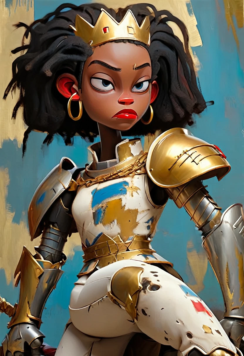 basquiat style, full body a woman in armor holding a sword，Golden Armor，Beautiful female knight，Light gold，Gold Obsidian Armor，golden goddess athena，Smooth golden armor，(Knee Shot:5)，Sexy，blue eyes，Slim body，Very small waist，(erect nipples see trough armor ), textured skin,