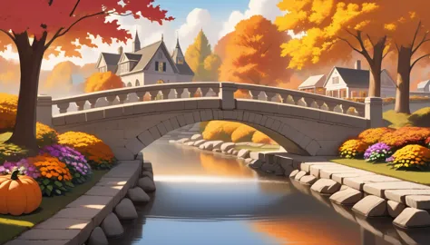 A serene autumn scene in a American town. The setting includes a stone bridge arching over a calm river, with classic architectu...