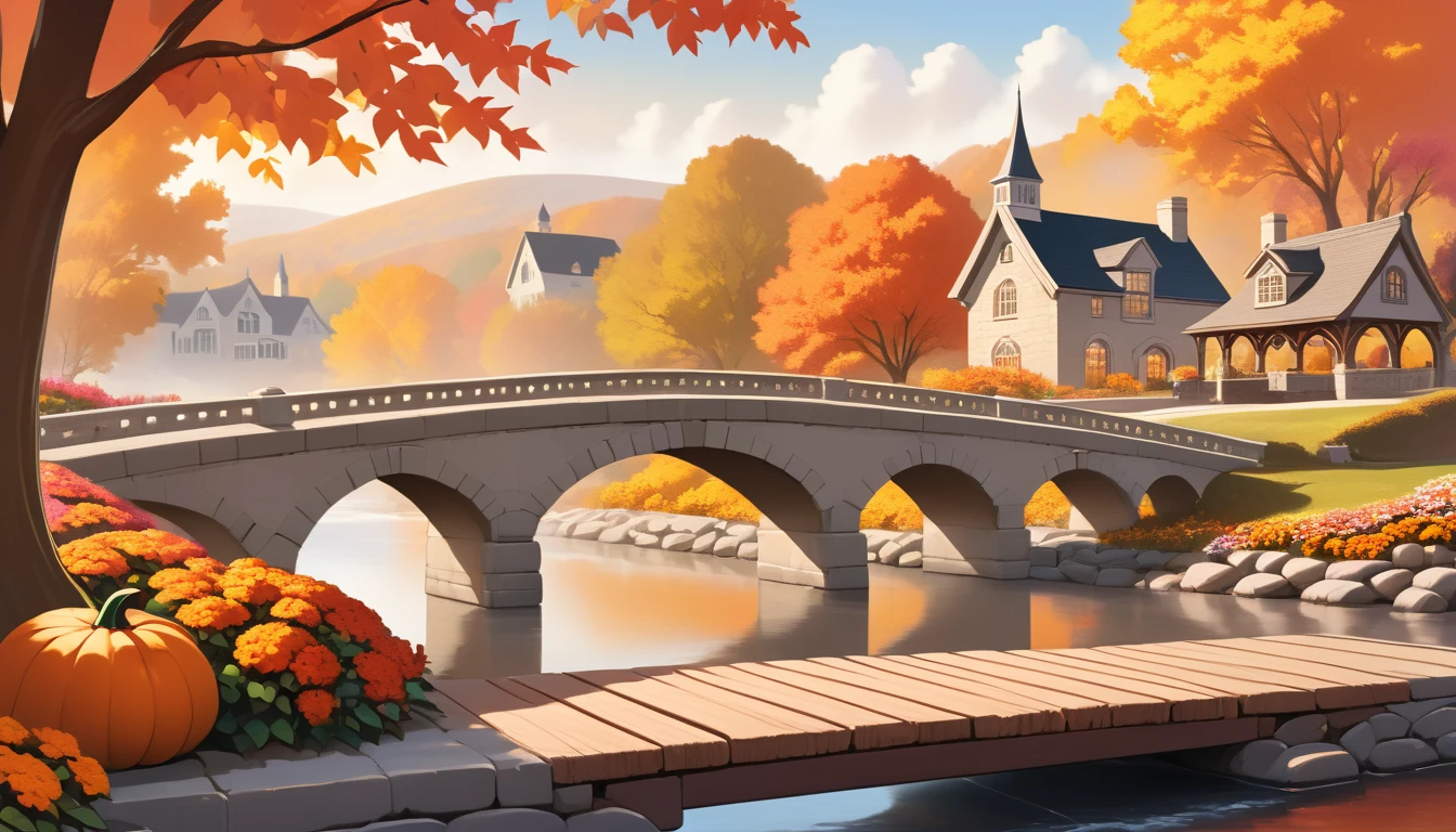 美國小鎮寧靜的秋景. 該場景包括一座拱形石橋，橫跨平靜的河流, 河岸邊有古典建築. 前景有一張木桌，上面裝飾著一杯超大的熱氣騰騰的茶, 兩側是生氣勃勃的秋花和南瓜, 建議舒適的, 秋天的樹葉變幻溫暖的氣氛.