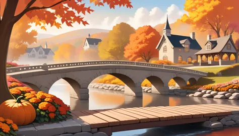 A serene autumn scene in a American town. The setting includes a stone bridge arching over a calm river, with classic architectu...