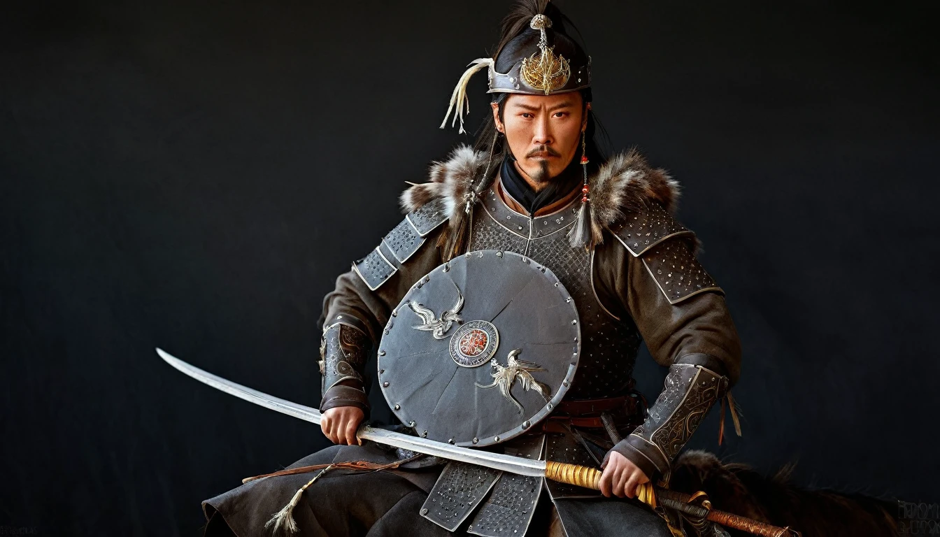 General Kraus, Wearing leather armor、Brown leather protective gear，Holding a Mongolian scimitar, Highly detailed characters, Mongolian man with high cheekbones，Clear and refined face，Mongolian Cavalry，The generals of the Ming Dynasty had white tassels or feathers on their helmets，Norse epic hero, Muscular man with war god tattoo, Riding on horseback, Portrait photography style，Light, (Extremely detailed CG 8k wallpaper), The most beautiful works of art in the world - full body photos, original皮甲, Mongolian small shield，Human Portrait, hunter, Animal hides，brutal，original, macho man, Ed Blinkey (Ed Blinkey) Magnificent professional oil paintings created, Artie Guerlain, Studio Ghibli, Courtesy of Jeremy Mann, Greg Manches, Antonio Moro, Art Station Trends, Social Trends, Wheels within wheels, High Detail, sharp focus, Dramatic and realistic art by Midjourney and Greg Rutkowski, Horse has armor，Charge and Slash