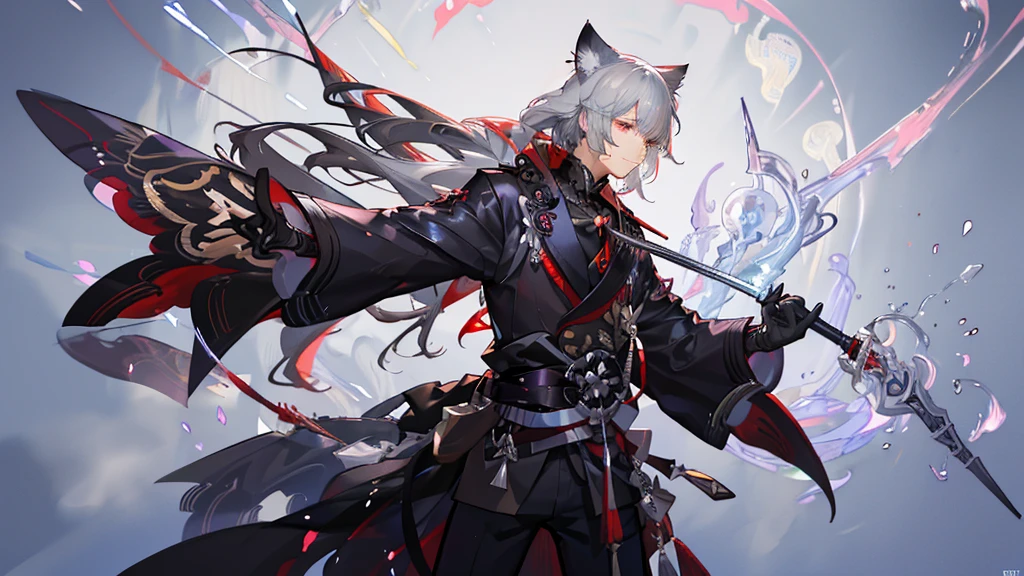 "1 person,1 boy, delicate eyes, boy with gray hair and cat ear, red eye, wearing black shirt, genshin style, guweiz style artwork, smiling,standing , cat with him , ethereal fantasy, victorian era, blue magic elements, splash art, side view, solo (full HD 4K+ image)"