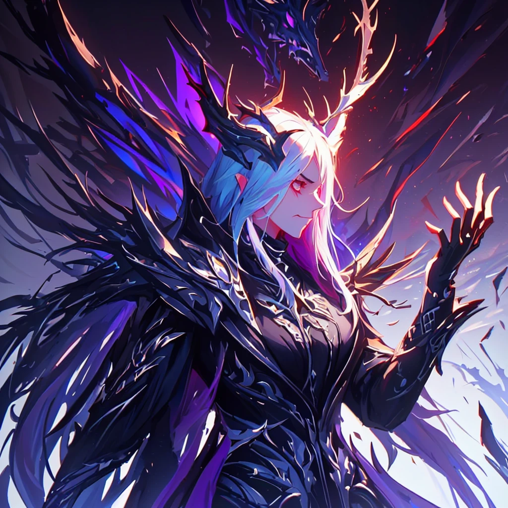 1girl, solo, person, anime character with a purple and black wings and a purple and black dragon, purple ancient antler deity, warframe hound, fit girl demon with white horns, demon soul concept art, detailed warframe, lolth, female djinn demon hybrid, warframe infested art, nightmare render, warframe hound art, king of time reaper, illithid, (close up shot, side shot:1.02), dynamic pose, expressive, anger, snarl, njmjzkz