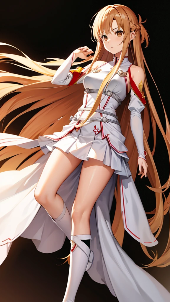 aaasuna, long hair, brown hair, braid, brown eyes, bare shoulders, armor, cuirass, white sleeves, separate sleeves, (no skirt), white thighs, white micro thong, naked