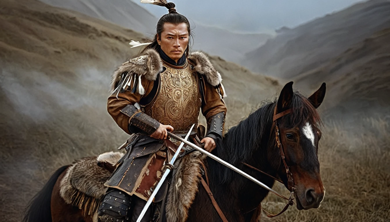 General Kraus, Wearing leather armor、Brown leather protective gear，Holding a Mongolian scimitar, Highly detailed characters, Mongolian man with high cheekbones，Clear and refined face，Mongolian Cavalry，The generals of the Ming Dynasty had white tassels or feathers on their helmets，Norse epic hero, Muscular man with war god tattoo, Riding on horseback, Portrait photography style，Light, (Extremely detailed CG 8k wallpaper), The most beautiful works of art in the world - full body photos, original皮甲, Mongolian small shield，Human Portrait, hunter, Animal hides，brutal，original, macho man, Ed Blinkey (Ed Blinkey) Magnificent professional oil paintings created, Artie Guerlain, Studio Ghibli, Courtesy of Jeremy Mann, Greg Manches, Antonio Moro, Art Station Trends, Social Trends, Wheels within wheels, High Detail, sharp focus, Dramatic and realistic art by Midjourney and Greg Rutkowski, Horse has armor，Charge and Slash