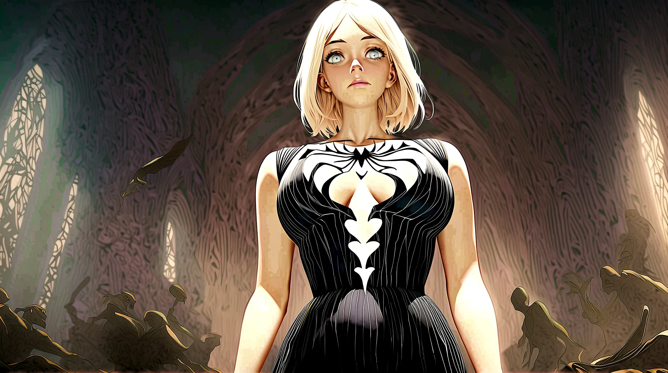 best quality, masterpiece, huge tits, ghost spider, gwen  in a black outfit with spider in the center of his chest in white, org...