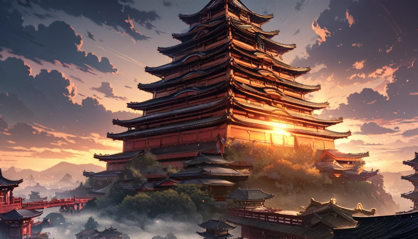 ((masterpiece, best quality, high resolution)), ((Highly detailed CG integrated 8k wallpaper)), The five-story pagoda flutters in the early morning sky, A large number of five-story pagodas,Sunrise on a cloudy morning, A strong sun rises in the sky, moody The rising sun in the background, There&#39;s an orange sky outside, Sunrise on a cloudy morning, Sky Settings, The rising sun in the background, Sunrise is, The rising sun in the background, Background sky, Background sky, The sky is dramatic,