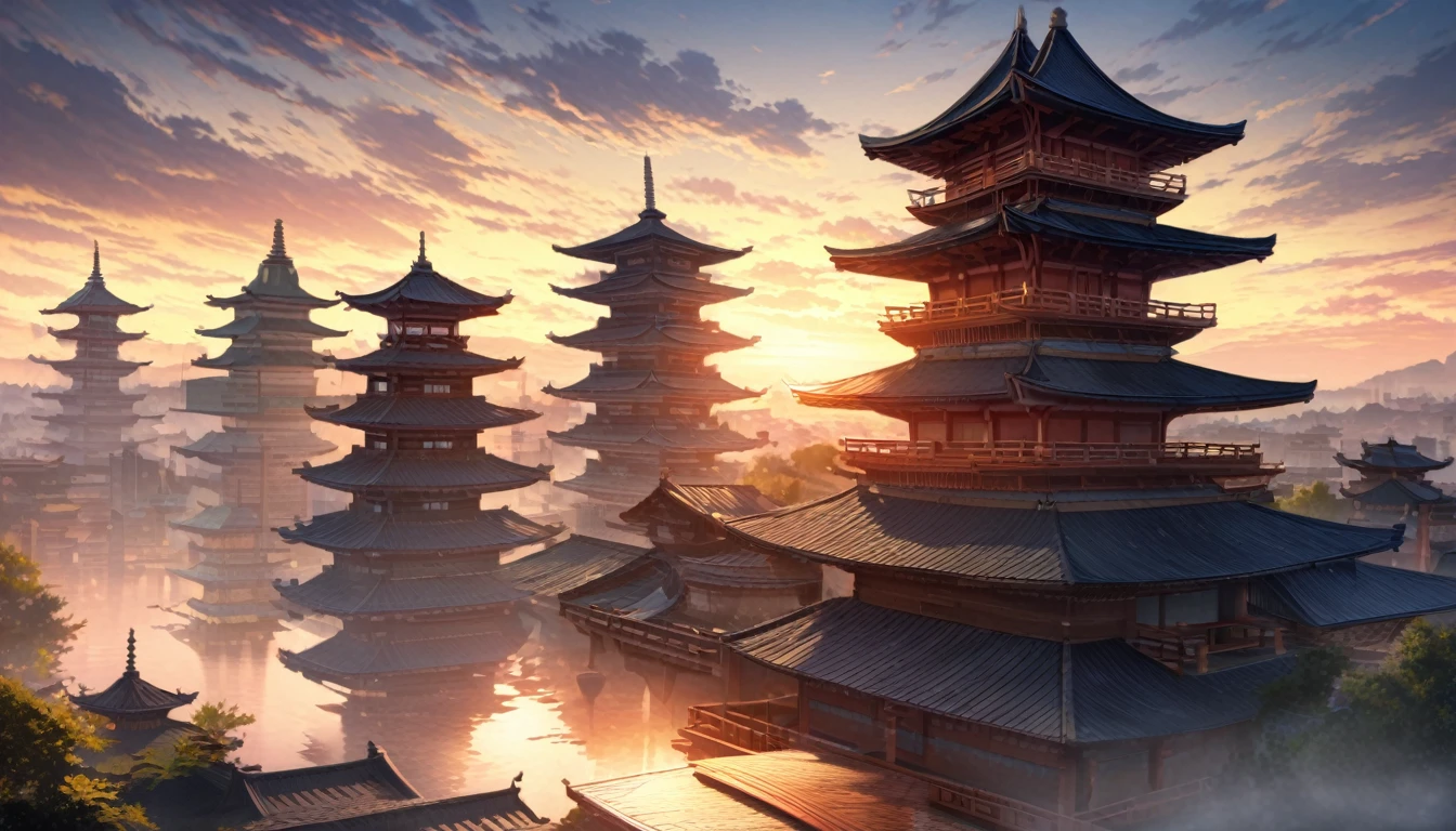 ((masterpiece, best quality, high resolution)), ((Highly detailed CG integrated 8k wallpaper)), The five-story pagoda flutters in the early morning sky, A large number of five-story pagodas,Sunrise on a cloudy morning, A strong sun rises in the sky, moody The rising sun in the background, There&#39;s an orange sky outside, Sunrise on a cloudy morning, Sky Settings, The rising sun in the background, Sunrise is, The rising sun in the background, Background sky, Background sky, The sky is dramatic,