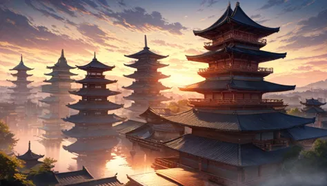 ((masterpiece, best quality, high resolution)), ((Highly detailed CG integrated 8k wallpaper)), The five-story pagoda flutters i...
