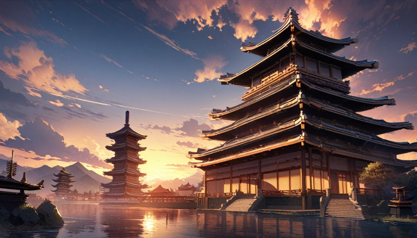 ((masterpiece, best quality, high resolution)), ((Highly detailed CG integrated 8k wallpaper)), The five-story pagoda flutters in the early morning sky, A large number of five-story pagodas,Sunrise on a cloudy morning, A strong sun rises in the sky, moody The rising sun in the background, There&#39;s an orange sky outside, Sunrise on a cloudy morning, Sky Settings, The rising sun in the background, Sunrise is, The rising sun in the background, Background sky, Background sky, The sky is dramatic,