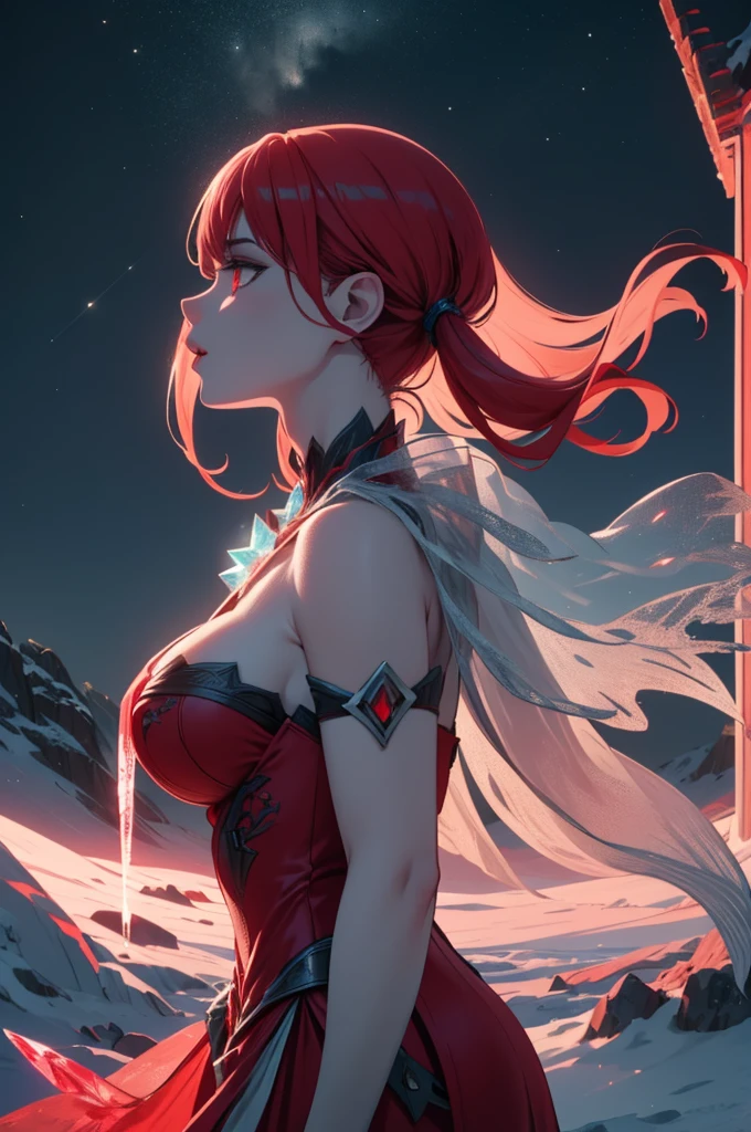 masterpiece, best quality,  redice, red ice, red theme, sorceress, ice magic, crystals, glowing, volumetric lighting, chiaroscuro, night sky, from side, fantasy