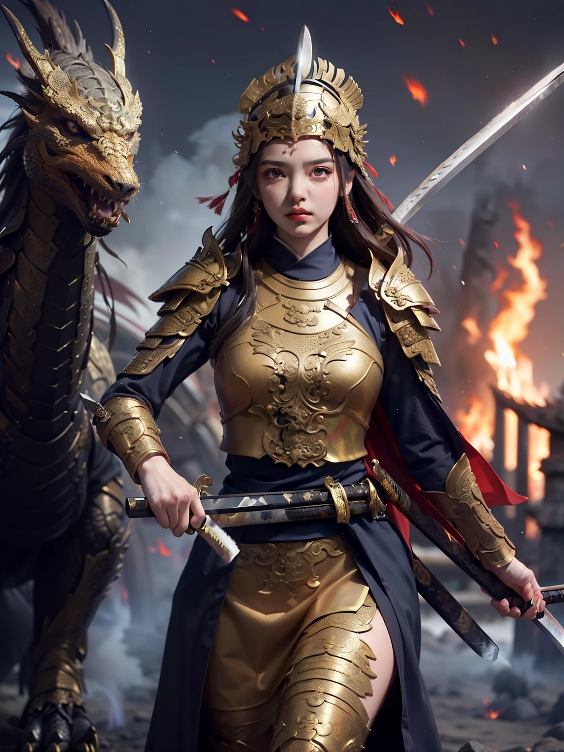 Beautiful detailed face，(((armor hijab)))), long hijab
woman with strong armor. 
((holding a long unsheathed katana: 1.5)). 
(((a large dragon is seen spewing fierce flames))). 
(a defeated enemy is seen: 1.5).
(dramatic background, fantasy warfare, dim light, flaming fire effect: 1,5)
break,
