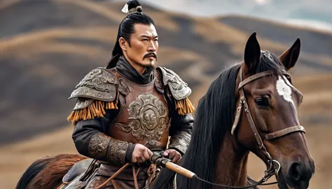 general kraus, wearing leather armor、brown leather protective gear，holding a mongolian scimitar, highly detailed characters, mon...