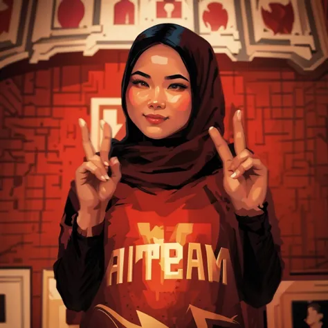 
there is a picture of an Asian woman in a black hijab in a red shirt, bowater art style, inspired by Alberto Vargas, vector sty...