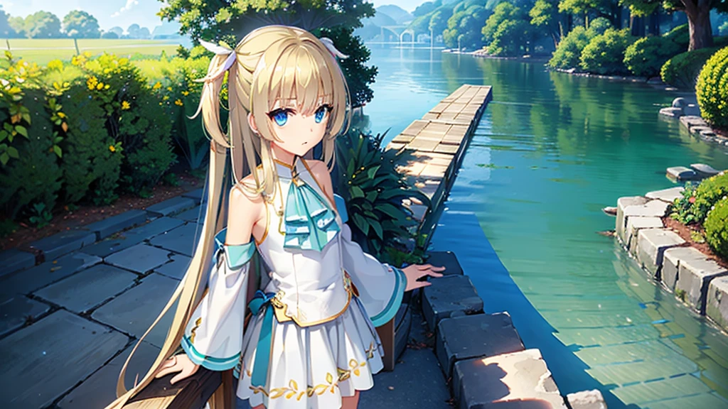 ((masterpiece)),(best quality),Official Art,Extremely detailed CG,Unity 8K wallpaper,Very detailed,Beautiful and delicate eyes,Extremely detailed face,1 girl,solitary,,(whole body:1.5),(small:1.3),，Clear and cloudless，summer，Sky blue sailor suit，Fresh and youthful，Perfect for summer。Mint Green、Sky blue is an indispensable color in summer，Built-in cooling effect。Tree-shaded path、Cool sea breeze，The air is filled with woody scent，Dazzling sunshine、Sweat。《sunny》MV style，Walk in the park，The little yellow flower of the story，Floated from the year of birth