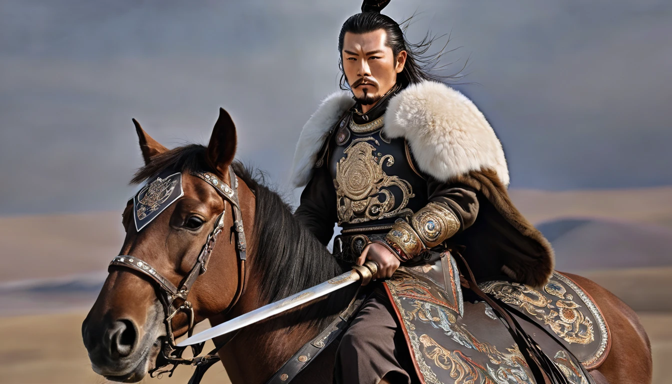 General Kraus, Wearing leather armor、Brown leather protective gear，Holding a Mongolian scimitar, Highly detailed characters, Mongolian man with high cheekbones，Clear and refined face，Mongolian Cavalry，The generals of the Ming Dynasty had white tassels or feathers on their helmets，Norse epic hero, Muscular man with war god tattoo, Riding on horseback, Portrait photography style，Light, (Extremely detailed CG 8k wallpaper), The most beautiful works of art in the world - full body photos, original皮甲, Mongolian small shield，Human Portrait, hunter, Animal hides，brutal，original, macho man, Ed Blinkey (Ed Blinkey) Magnificent professional oil paintings created, Artie Guerlain, Studio Ghibli, Courtesy of Jeremy Mann, Greg Manches, Antonio Moro, Art Station Trends, Social Trends, Wheels within wheels, High Detail, sharp focus, Dramatic and realistic art by Midjourney and Greg Rutkowski, Horse has armor，Charge and Slash