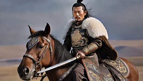 general kraus, wearing leather armor、brown leather protective gear，holding a mongolian scimitar, highly detailed characters, mon...