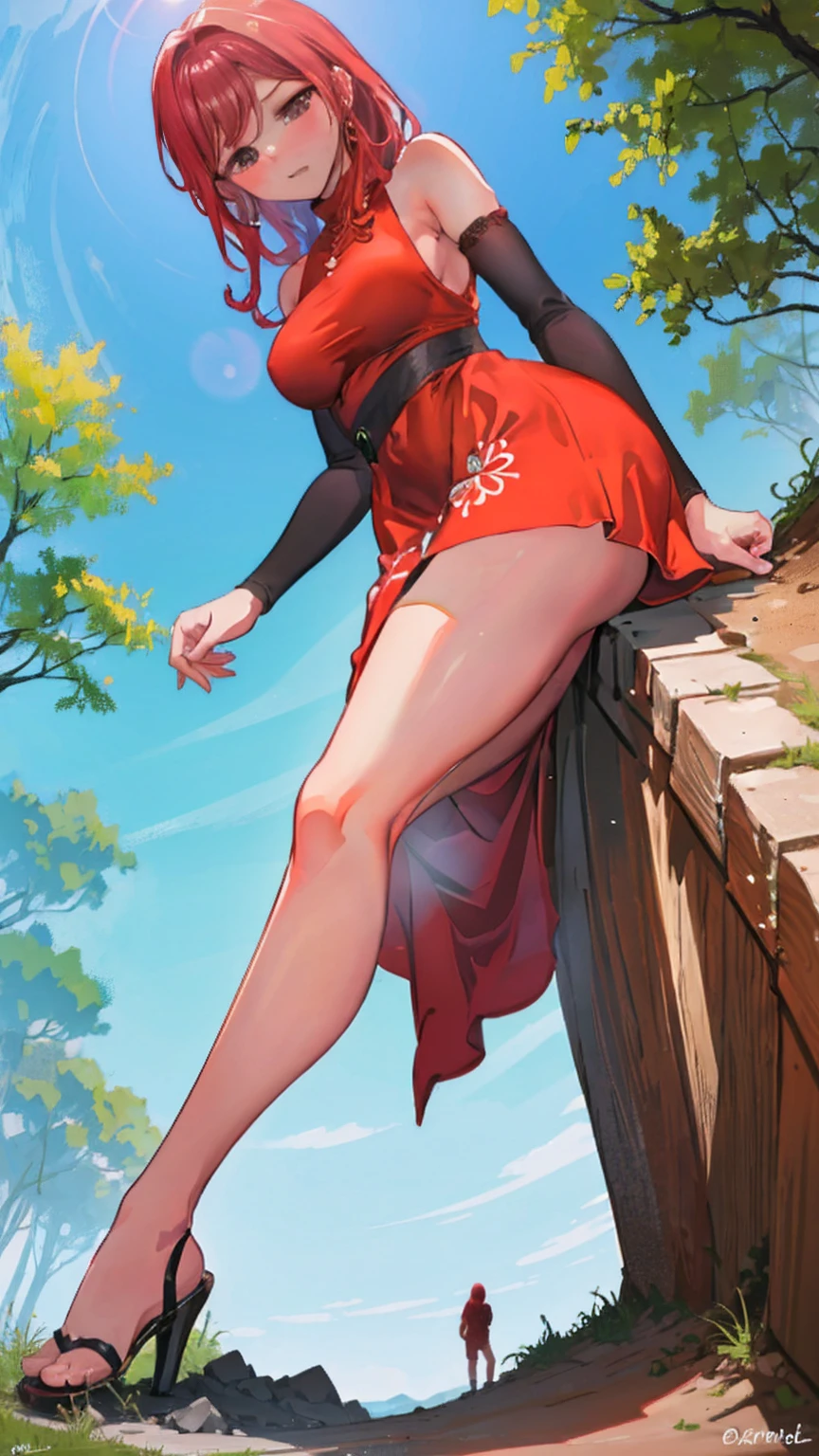 Giantess, with a sexy dress, red hair and sexy skin from the forest defending the threes from tiny people, that comes to cut down trees and destroy nature. Goddess, sexy, hot, tall, curvy body, tall woman, long legs, sexy legs