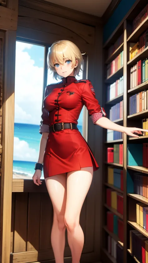 Seras Viktoria, Red top ,1girl , Red skirt,  beach, masterpiece, medium ass, good Athonomy , indoors, library, detailed