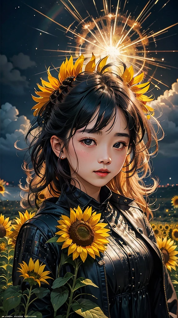 Paysage de champ de tournesol、feu d&#39;artifice、Tournoi de feux d&#39;artifice、The moment when the rainbow colored feu d&#39;artifices burst into flames、夜zéroとともに、Spectacular feu d&#39;artifices in a cyberpunk sunflower landscape、Ville du futur、la plus haute qualité、chef-d&#39;œuvre, (Réflexion diffuse de la lumière:1.2), Quand l&#39;arc-en-ciel fantastique se transforme en ombre, baigné dans une atmosphère mystique.Les animaux regardent aussi、 danse, Lancez des sorts magiques. susciter un sentiment d&#39;émerveillement et de respect. Une fusion de grandeur naturelle et de magie, Transformer les rêves en réalité. Voir, zéro, Et l&#39;inconnu, Fugace、Et un moment éternel, 16k, Ultra haute résolution.Réaliste, Ultra haute résolution, naître,avenir、couleurs de l&#39;arc-en-cielに光り輝く、couleurs de l&#39;arc-en-ciel、Le monde dans 30 ans。