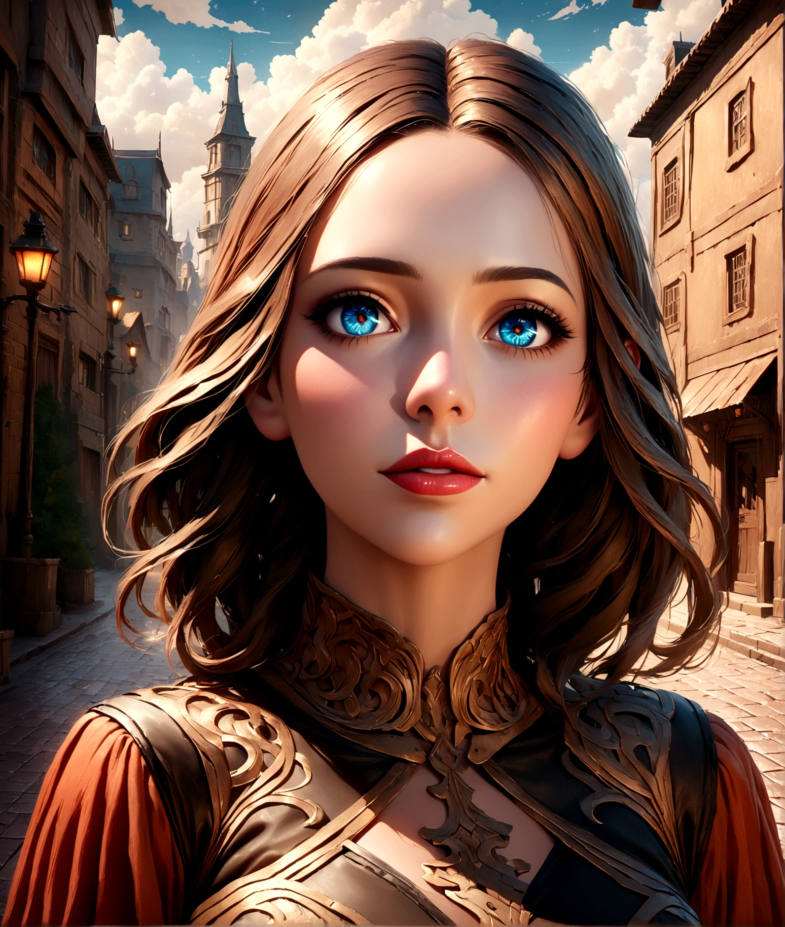 detailed anime girl, beautiful detailed eyes, beautiful detailed lips, extremely detailed face and features, long eyelashes, detailed realistic clothing, detailed street background, detailed buildings, detailed street lamps, detailed pavement, detailed sky, detailed trees, detailed clouds, vibrant colors, cinematic lighting, photorealistic, 8k, high quality, masterpiece, intricate details
