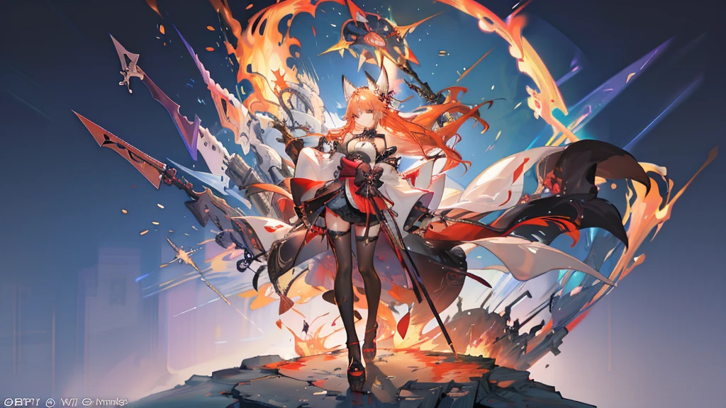 "1 person, Goddess, girl with orange hair and fox ear, red eyes, wearing red white orange kimono, Complex and gorgeous anime CGI style, , full-body fantasy of fire magic, Anime girl, guweiz style artwork, big breasts, smiling, tights, standing cross-legged, fox with her , ethereal fantasy, victorian era, fire elements, splash art, side view,solo (full HD 4K+ image)"