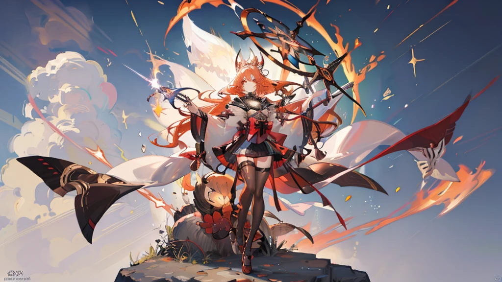 "1 person, Goddess, girl with orange hair and fox ear, red eyes, wearing red white orange kimono, Complex and gorgeous anime CGI style, , full-body fantasy of fire magic, Anime girl, guweiz style artwork, big breasts, smiling, tights, standing cross-legged, fox with her , ethereal fantasy, victorian era, fire elements, splash art, side view,solo (full HD 4K+ image)"