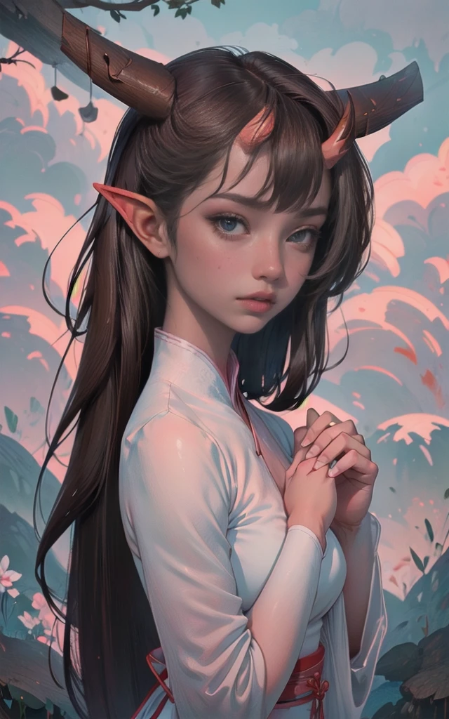 ganzkörperbild,eine wunderschöne frau, ganzkörperportrait,((Masterpiece)),(Best Quality), (Cinematic),(Extremely detailed CG Unity 8k wallpaper),1girl, fit,intricate outfit,small breasts,very long black hair,one Stunning oni-girl with horns and elf ears and a beautifully designed oni-mask in pink and white. she is posing dancing on a tree-branch. Hands are very graceful presenting a bird. She wears tight-fitting magenta-peach-white hanfu clothing with georgeous patterns and also transparent flowing fabric. elf ear, horns, vampy fang,