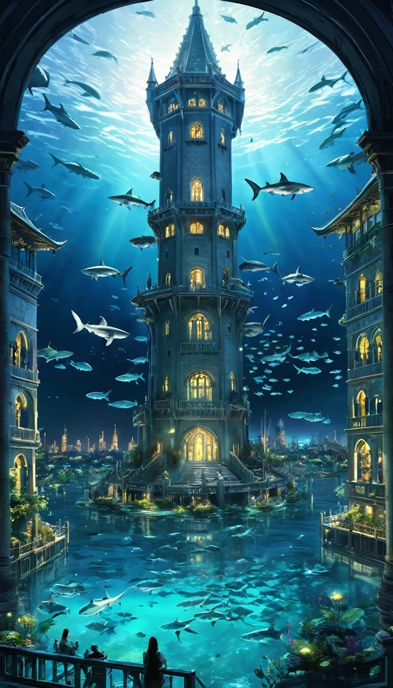 arte de fantasia, à noite, uma torre branca brilhante se ergue no lago límpido. tubarões-brancos fluorescentes voam ao redor da torre.、 o espaço circundante se torna um aquário gigante., linda decoração leve, plano amplo, realista, Fotos épicas, Edifícios detalhados, peixe detalhado