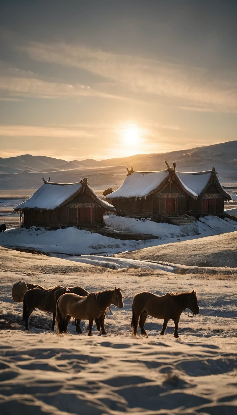 A peaceful Mongolian village under the stable rule of Genghis Khan, background dark gold sun, hyper realistic, ultra detailed hyper realistic, photorealistic, Studio Lighting, reflections, dynamic pose, Cinematic, Color Grading, Photography, Shot on 50mm lens, Ultra-Wide Angle, Depth of Field, hyper-detailed, beautifully color, 8k