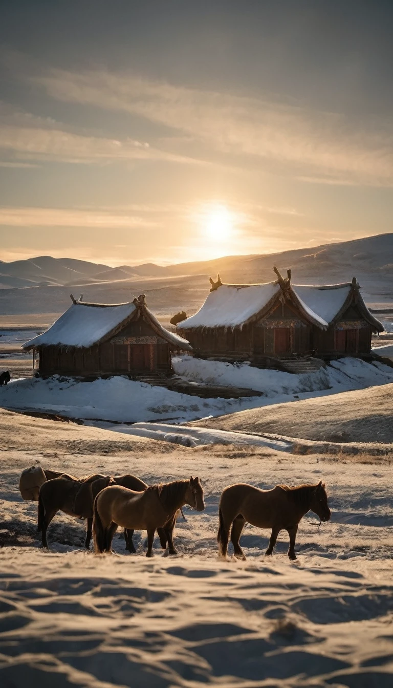 Un paisible village mongol sous le règne stable de Gengis Khan, fond soleil doré foncé, hyper réaliste, ultra detailed hyper réaliste, Photoréaliste, éclairage de studio, reflets, pose dynamique, Cinématique, dégradé de couleurs, la photographie, tourné avec un objectif 50 mm, Ultra grand angle, profondeur de champ, hyper détaillé, Magnifiquement coloré, 8k