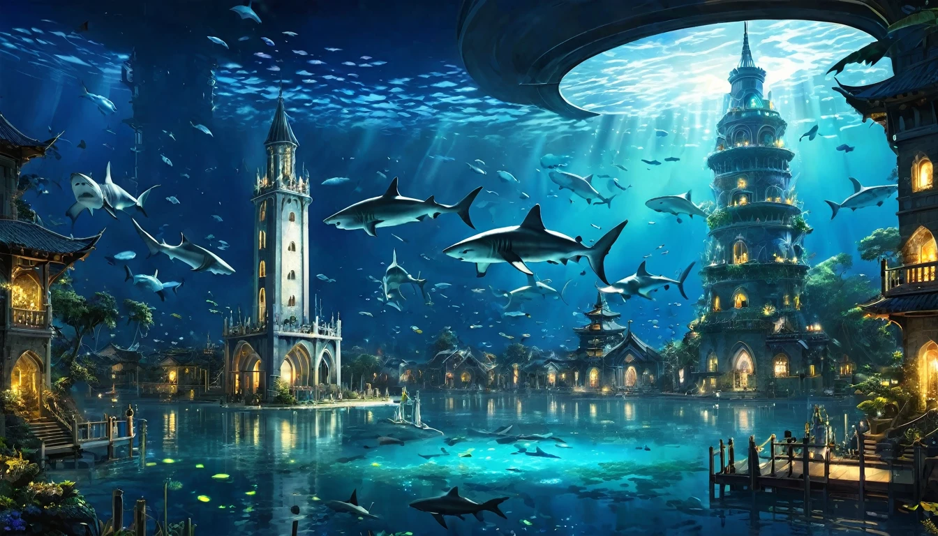 Fantasy art, At night, a glowing white tower stands in the clear lake. Fluorescent great white sharks fly around the tower.、 The surrounding space itself becomes a giant aquarium., Beautiful light decoration, Wide Shot, Realistic, Epic shots, Detailed Buildings, Detailed fish