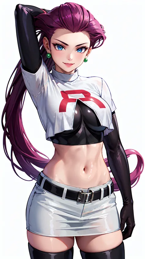 masterpiece, stunning realistic, best quality, sharpness, 1 girl ,jessie pokemon, solo, team rocket, gloves, hair slicked back, ...