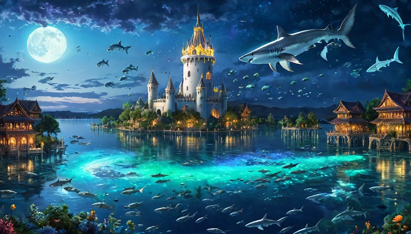 Fantasy art, At night, a glowing white tower stands in the clear lake. Fluorescent great white sharks fly around the tower.、 The surrounding space itself becomes a giant water castle., Beautiful light decoration, Wide Shot, Realistic, Epic shots, Detailed Buildings, Detailed colorful fish