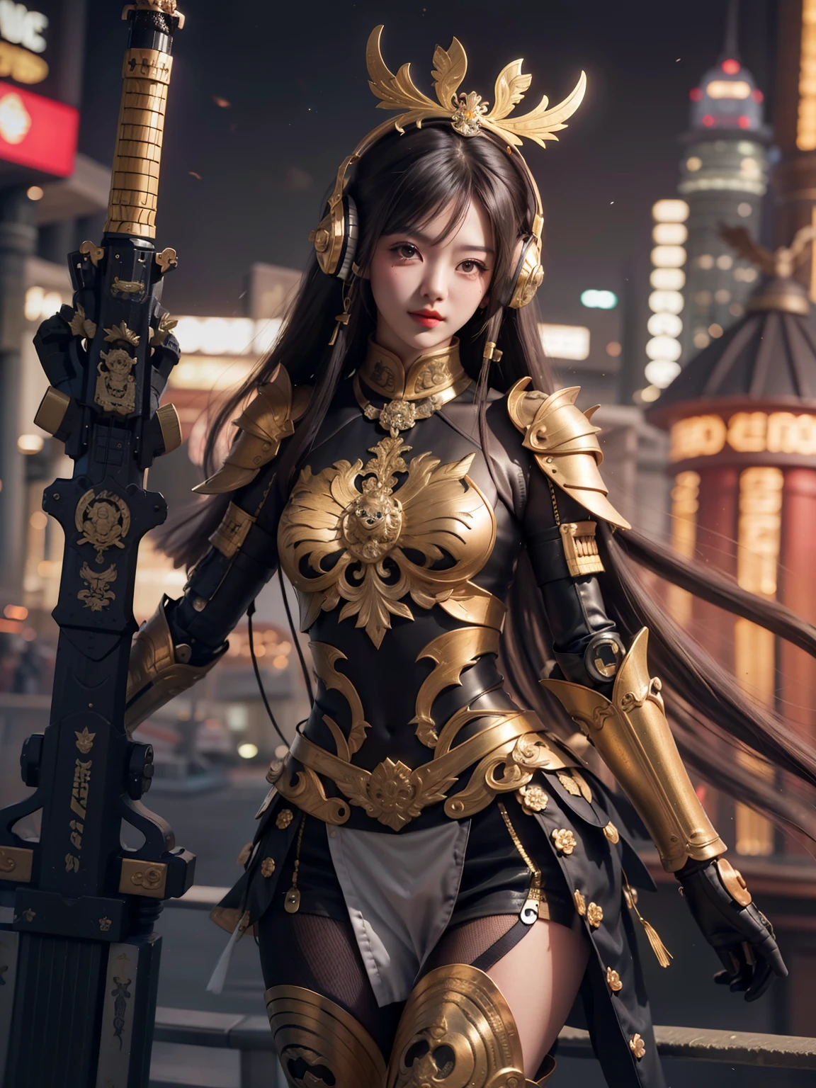 Beautiful detailed face，(POV). The (nations) cute mecha girl with (hairstyle), headphone, dresssed in black mecha-jacket with some katana, there is cute mecha-doll-bot by side hef. Standing on the top of highest building with city night view. 