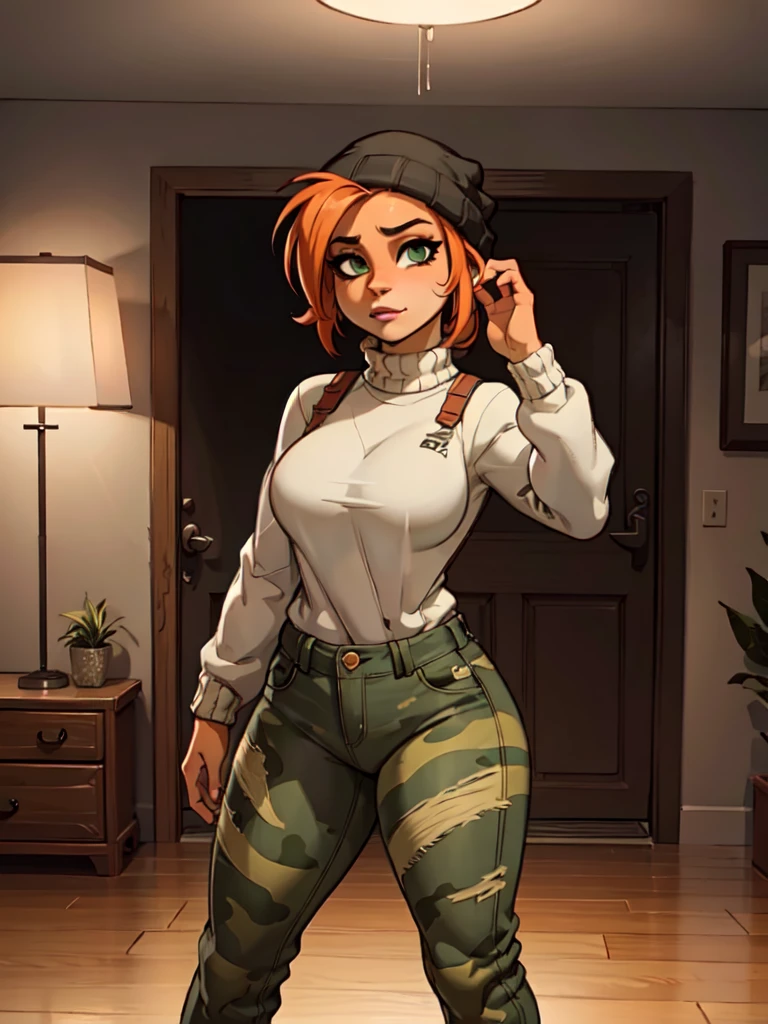 sancy anthro chica bandicoot, pelirrojo, pelo trenzado, Hermosos ojos verdes detallados, suéter, beanie-balaclava, pantalones de camuflaje, botas militares, muy detallado, 8K, Fotorrealista, iluminación de estudio, Híper realista, iluminación cinematográfica, Motor irreal, renderizado de octanaje, iluminación volumétrica, profundidad de campo, chiaroscuro, atmosférico, paleta de colores cálidos